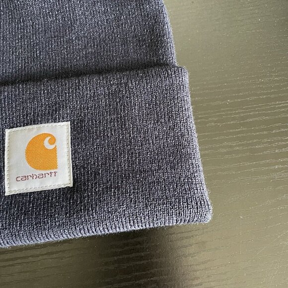 Carhartt Unisex One Size Navy Fold Over Knit Beanie Hat Cap Utility Logo Patch - Picture 10 of 14